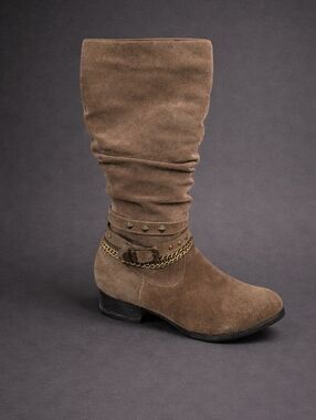 Artica Women’s Mid-Calf Suede Waterproof Boots in Taupe with Chain Accent